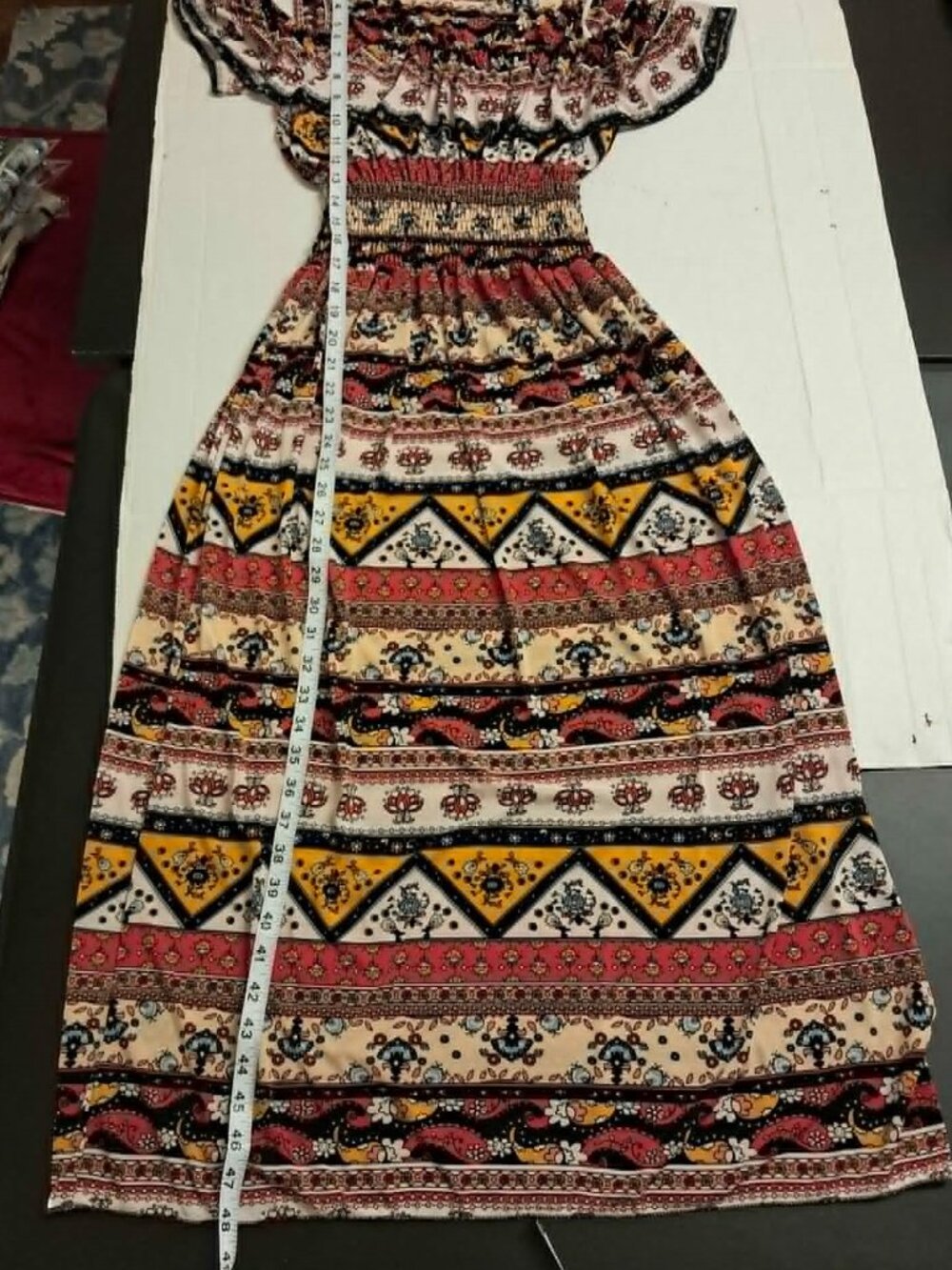 Boho Geometric Print Dress Smocked Waist Ruffle Neckline - Picture 6 of 6